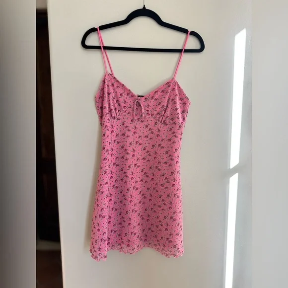 Urban Outfitters Pink Floral Ruched Mini Cami Dress Y2K Coquette 90s M Euro - Picture 2 of 6